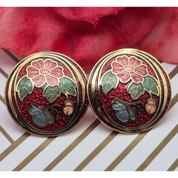 Beautiful Vintage Red & Gold Cloisonne Flower Butterfly Round Pierced Earrings - Picture 1 of 5